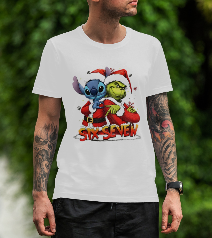 Stitch Grinch Santa Hat Six Seven Christmas Meme T-Shirt