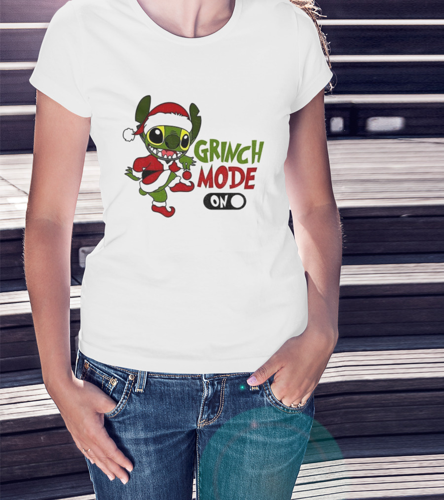 Stitch Grinch Santa Grinch Mode Merry Christmas Turn On T-Shirt