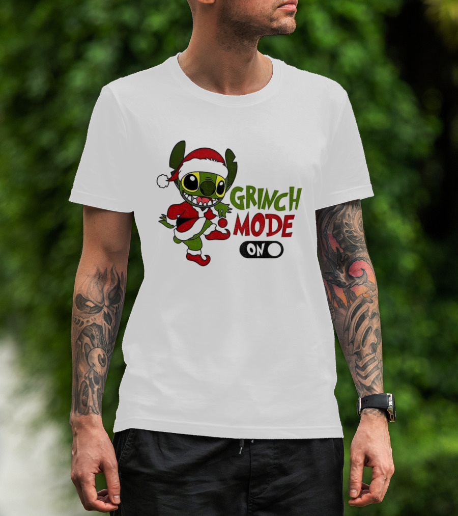 Stitch Grinch Santa Grinch Mode Merry Christmas Turn On T-Shirt