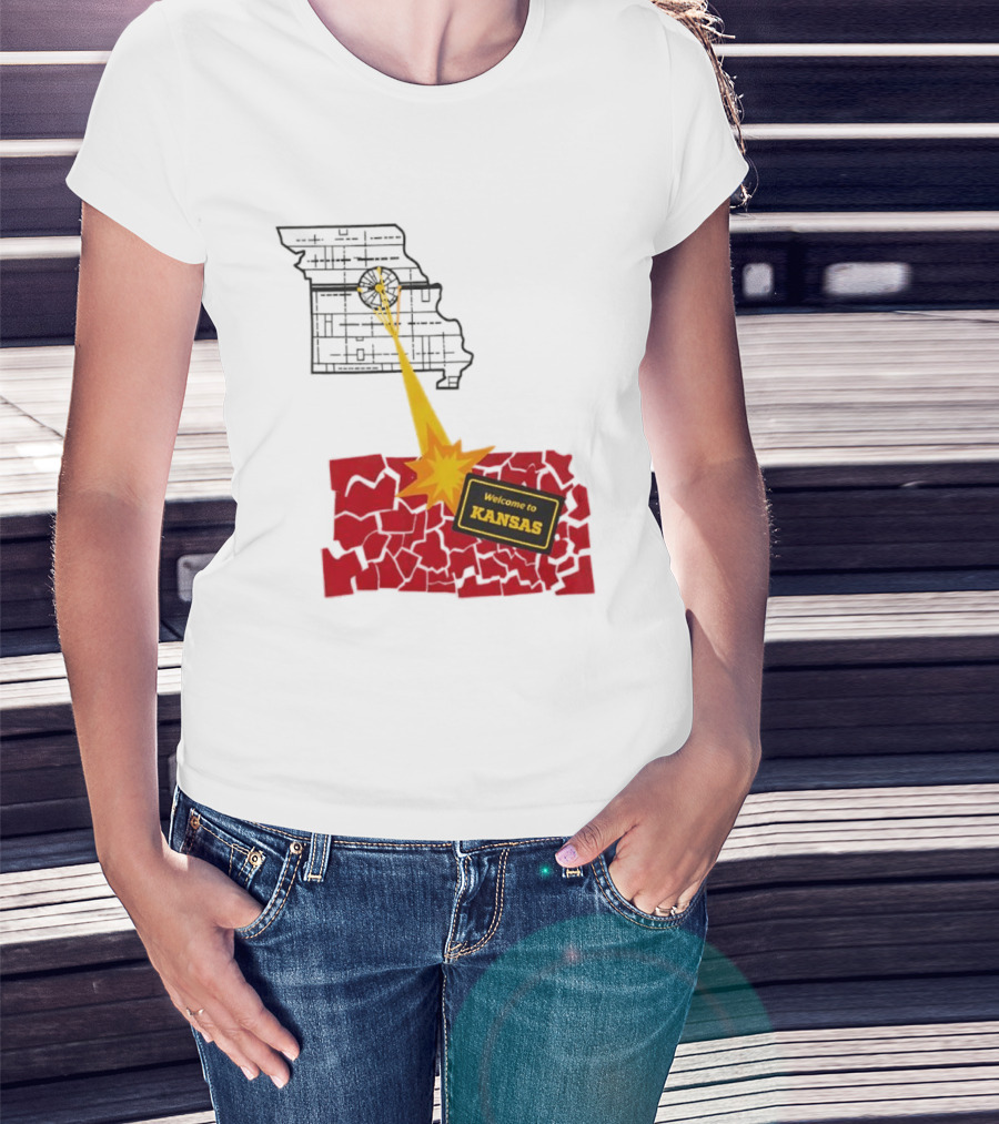 Missouri Map Blast Welcome To Kansas Sign Explosion T-Shirt