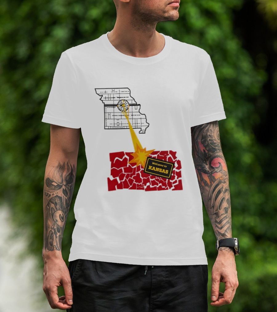 Missouri Map Blast Welcome To Kansas Sign Explosion T-Shirt
