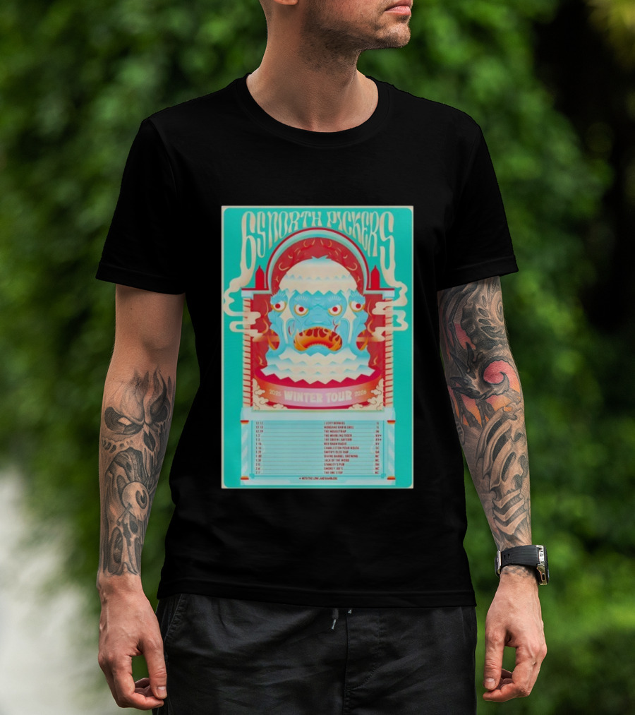 65 North Pickers 2025 2026 Winter Tour Vibrant Monster Face Artwork And Dates T-Shirt
