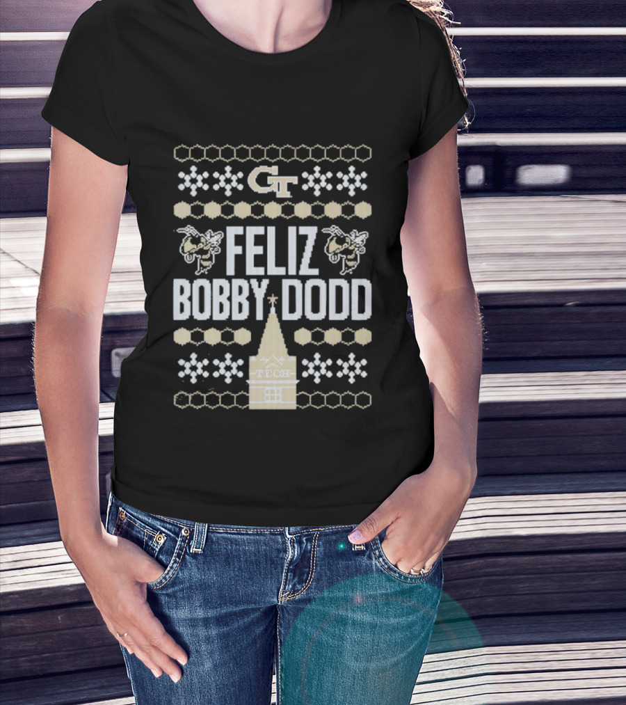 Georgia Tech GT Feliz Bobby Dodd Christmas Ornament Tech Snowflakes T-Shirt