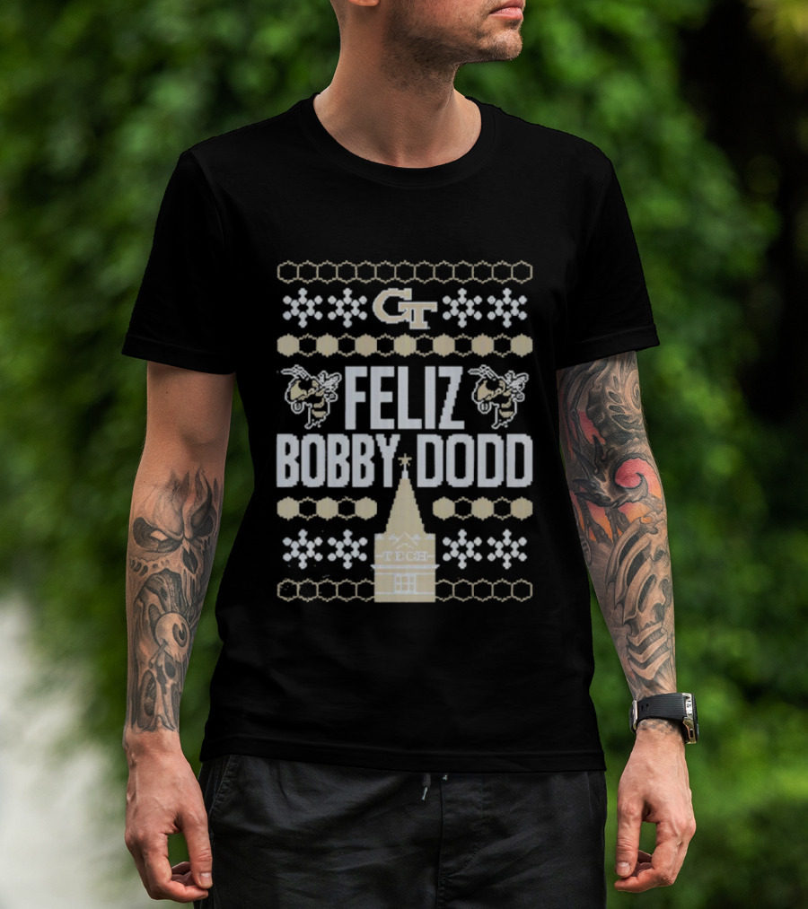 Georgia Tech GT Feliz Bobby Dodd Christmas Ornament Tech Snowflakes T-Shirt