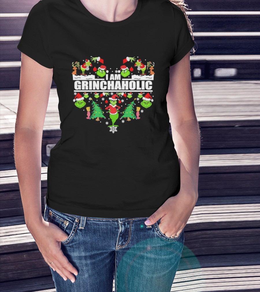 I Am Grinchaholic Christmas Grinch Ornament Festive Santa Hat Trees T-Shirt