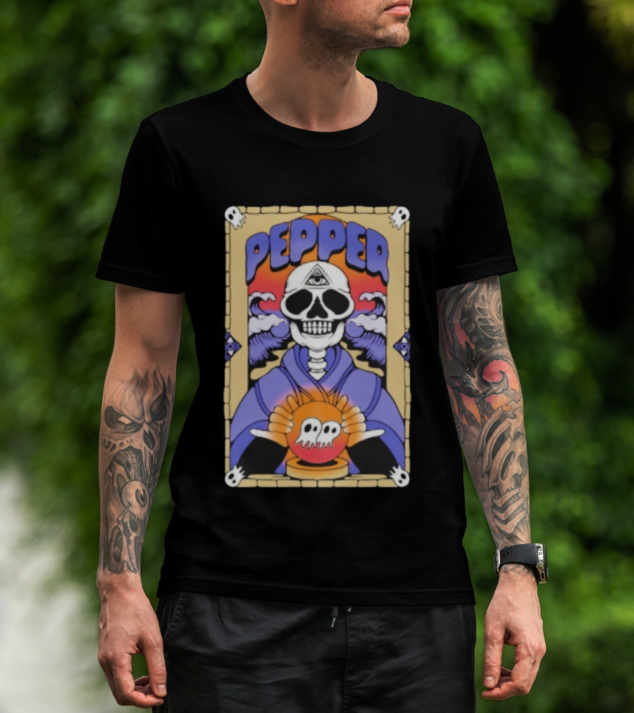 Pepper Skull Fortune Teller Crystal Ball And All-Seeing Eye T-Shirt