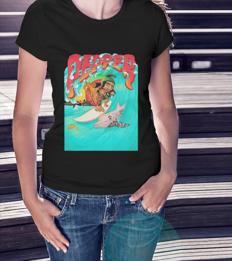 Pepper Surfer Riding Waves With Tattooed Dolphin T-Shirt