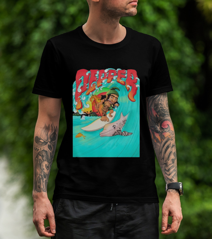 Pepper Surfer Riding Waves With Tattooed Dolphin T-Shirt