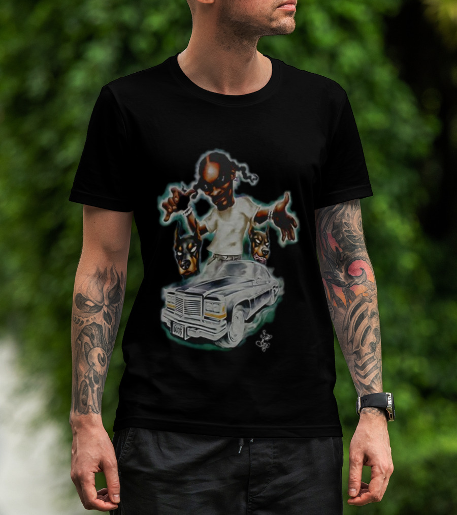 Snoop Dogg Caricature Posing With Car And Dogs T-Shirt