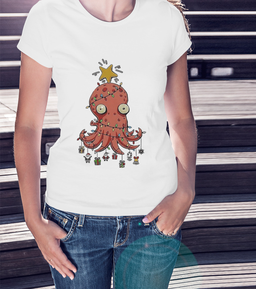 Christmas Octopus Tree Wrapped In Light Cords With Star And Decorations T-Shirt