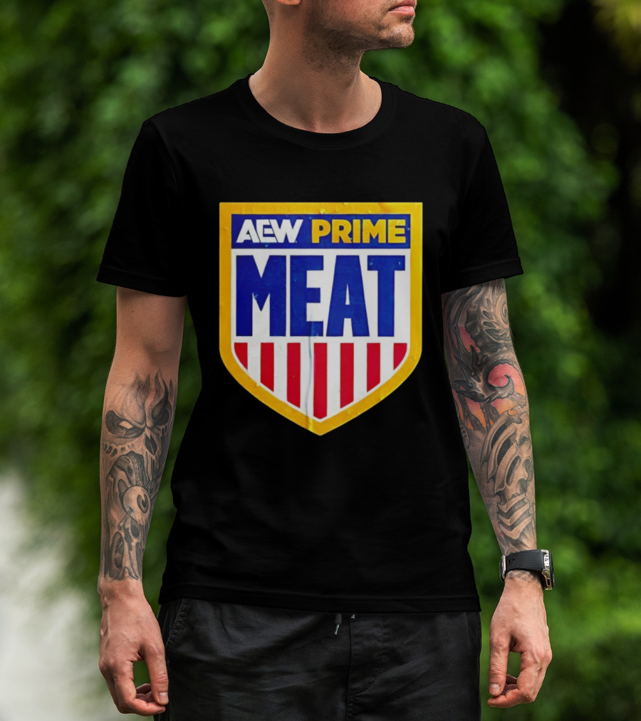 AEW Prime Meat Shield Bold Lettering And Stripes T-Shirt