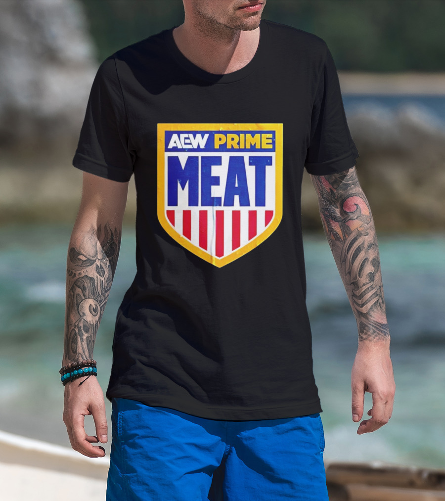 AEW Prime Meat Shield Bold Lettering And Stripes T-Shirt