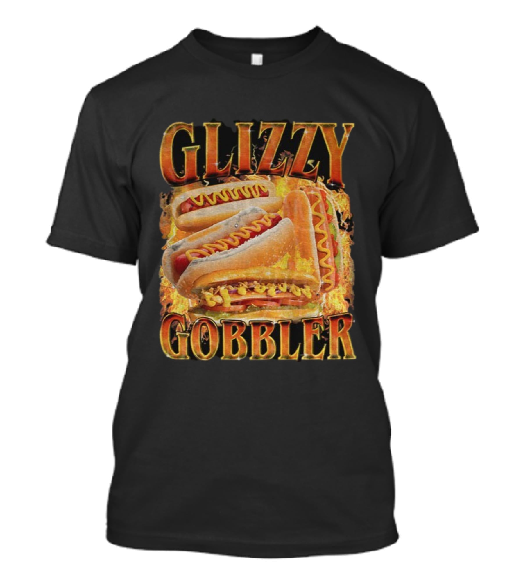 Glizzy Gobbler Faded Hot Dog Funny Meme Fire Burst T-Shirt