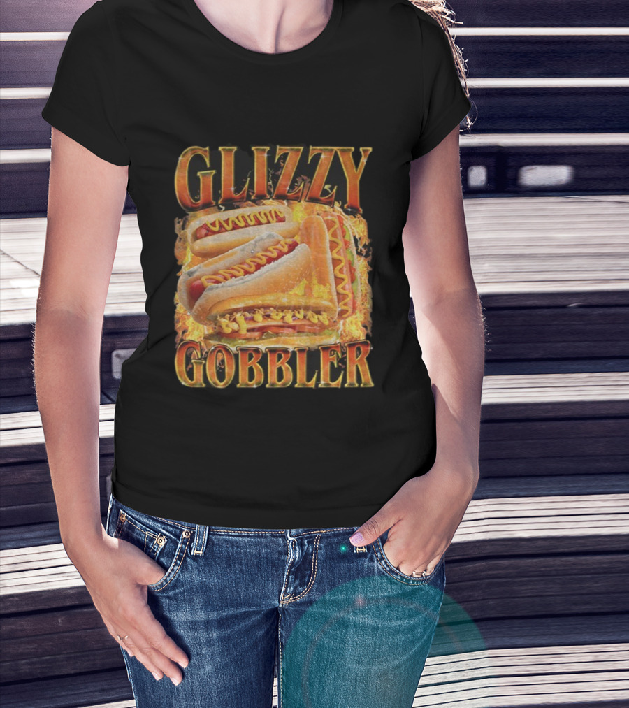 Glizzy Gobbler Faded Hot Dog Funny Meme Fire Burst T-Shirt
