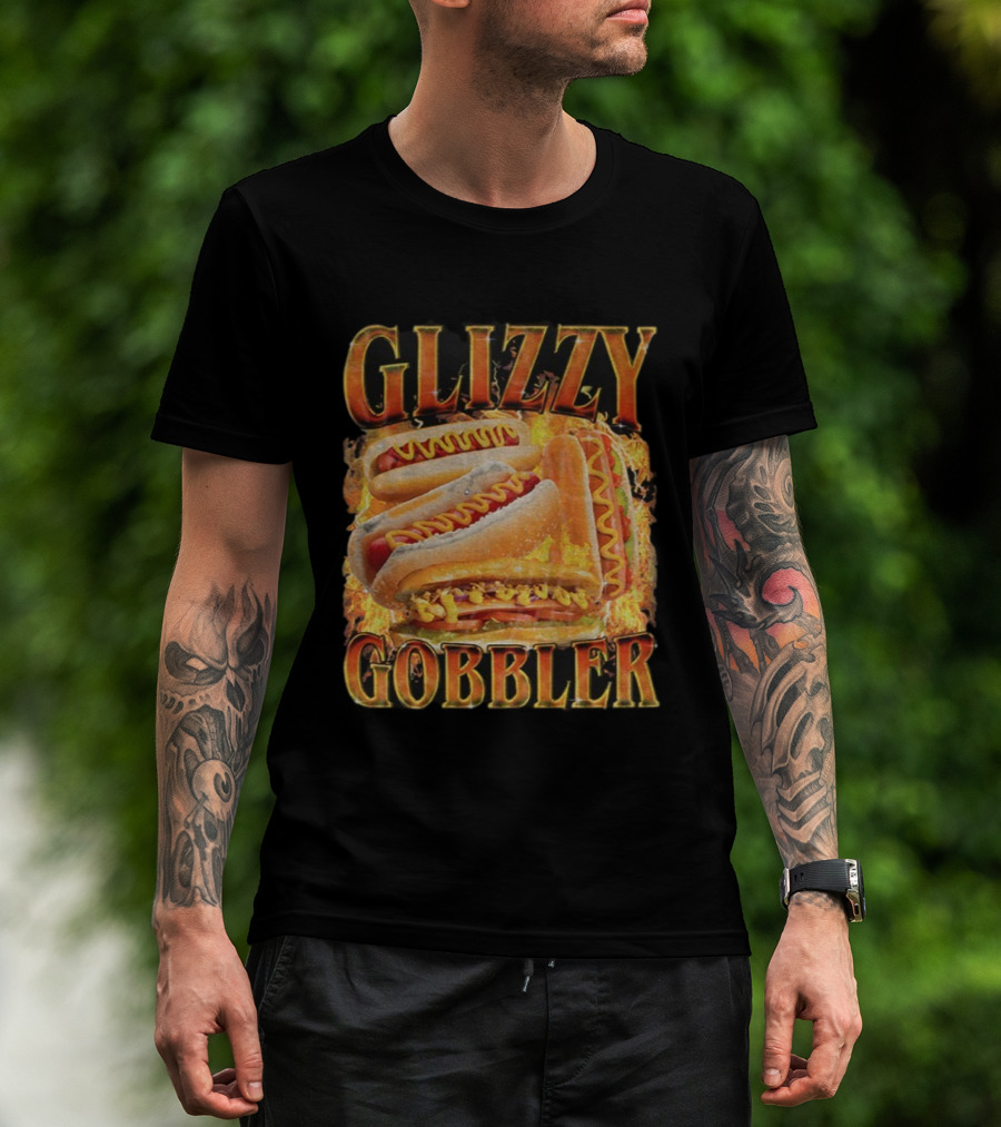 Glizzy Gobbler Faded Hot Dog Funny Meme Fire Burst T-Shirt