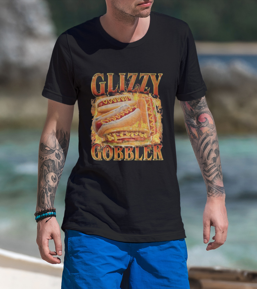 Glizzy Gobbler Faded Hot Dog Funny Meme Fire Burst T-Shirt