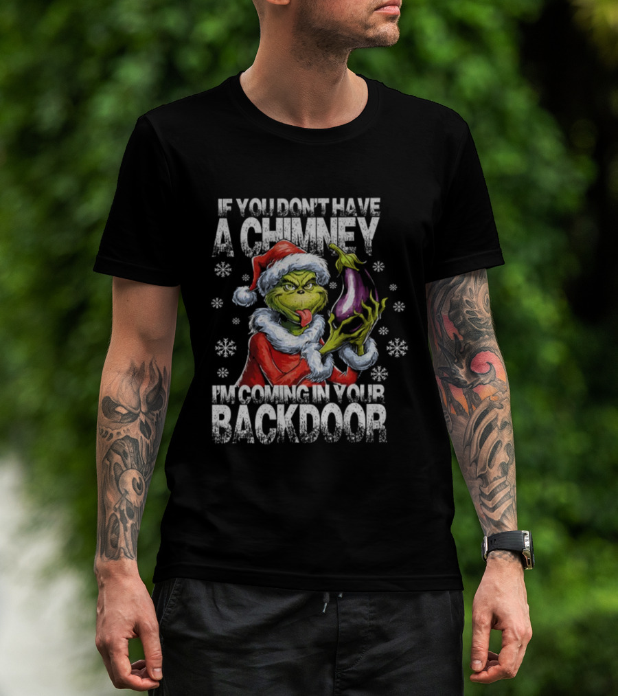 Grinch Santa Hat If You Don't Have A Chimney I'm Coming In Your Backdoor Christmas T-Shirt