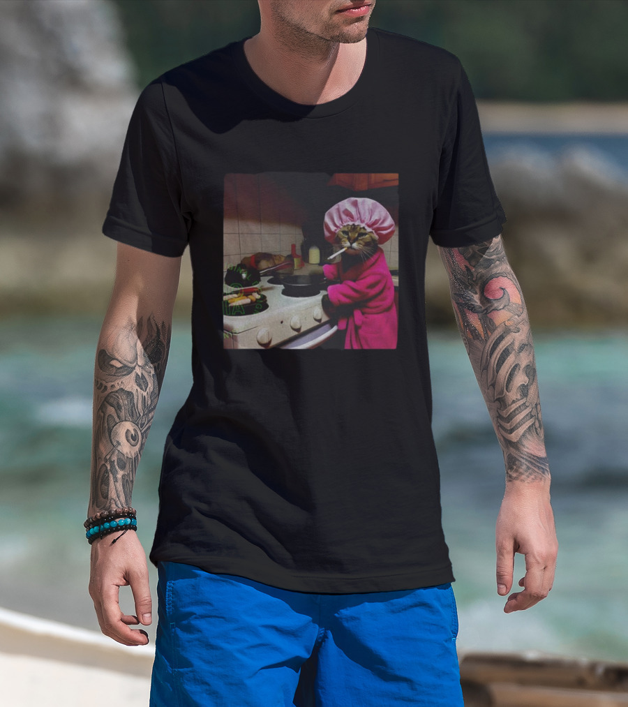 Housewife Cat Smoking Cooking Meme In Pink Bathrobe And Shower Cap T-Shirt