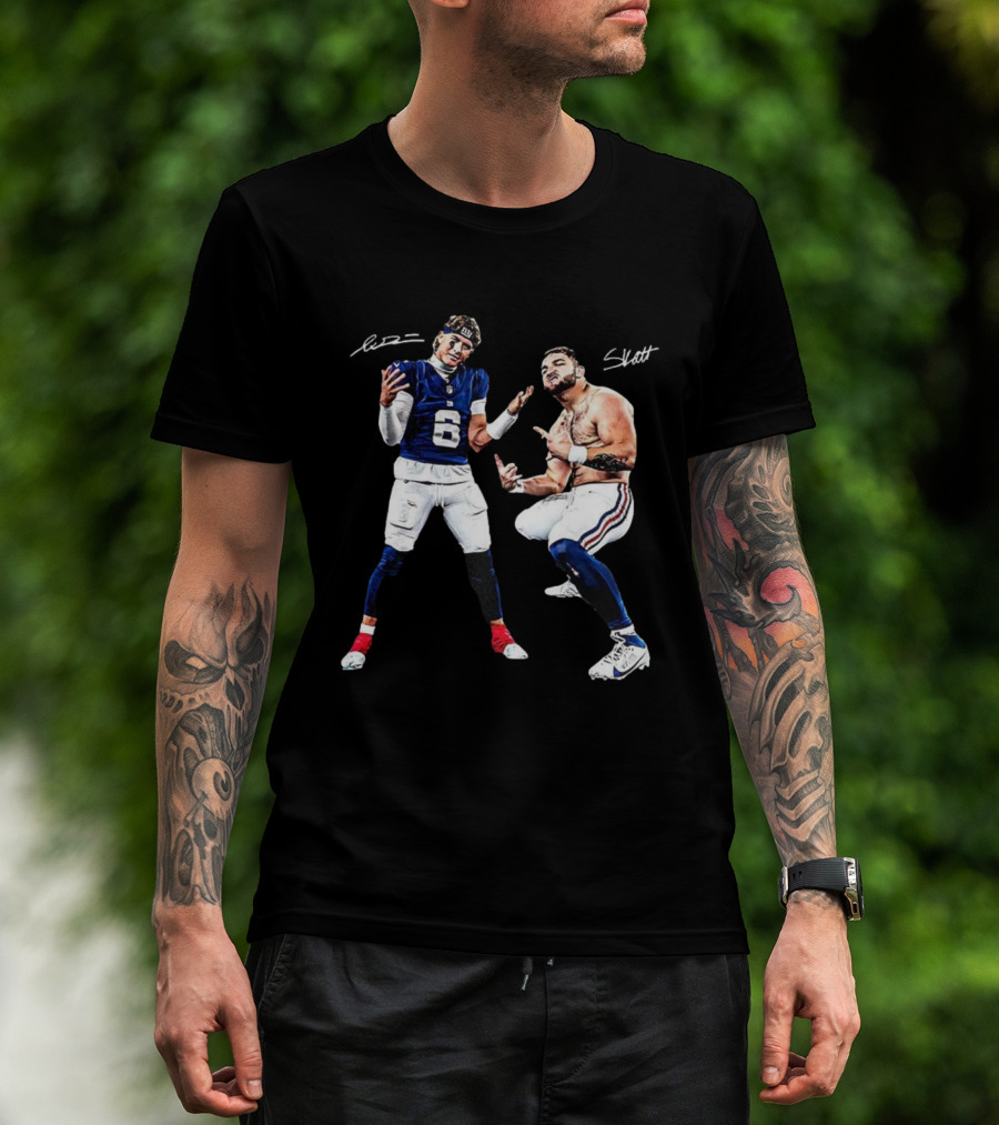 Jaxson Dart Cam Skattebo New York Giants Aura Signature Football T-Shirt