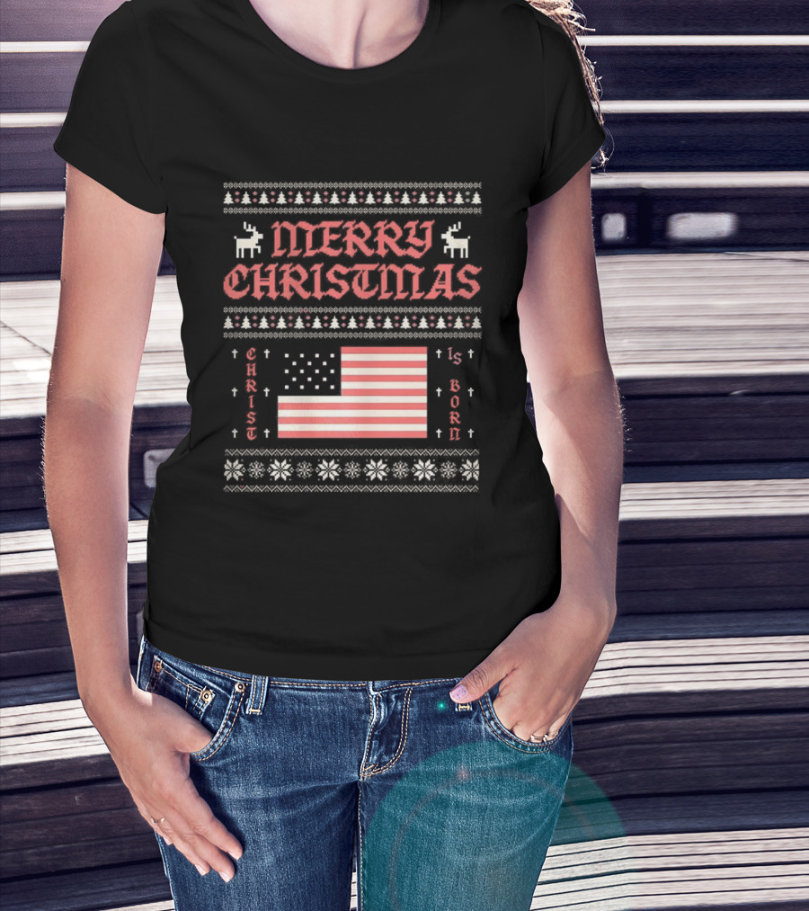 Merry Christmas 2025 Christ Is Born Ugly Pixel American Flag T-Shirt