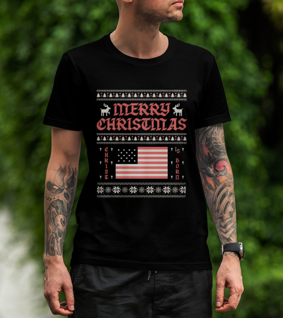 Merry Christmas 2025 Christ Is Born Ugly Pixel American Flag T-Shirt