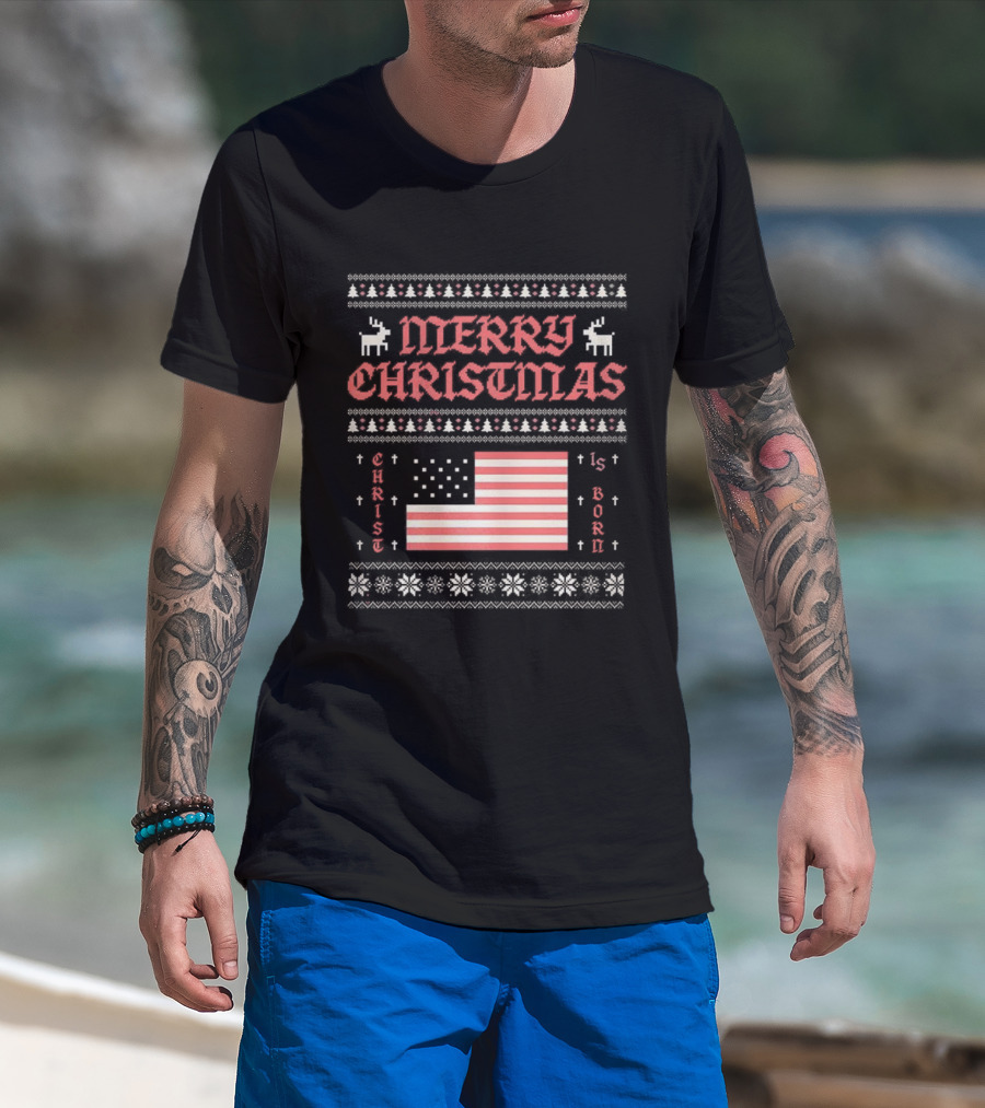 Merry Christmas 2025 Christ Is Born Ugly Pixel American Flag T-Shirt