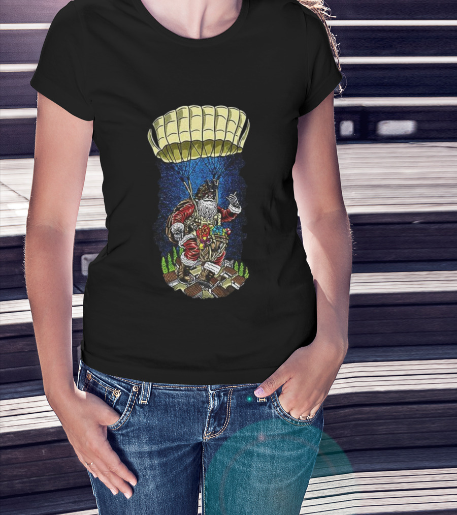 Paratrooper Santa Bringing Christmas Cheer By Air T-Shirt