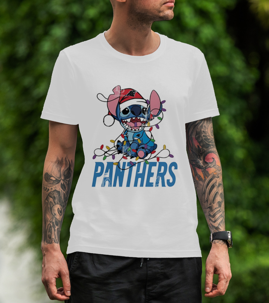Carolina Panthers Stitch Christmas Lights Ornament T-Shirt