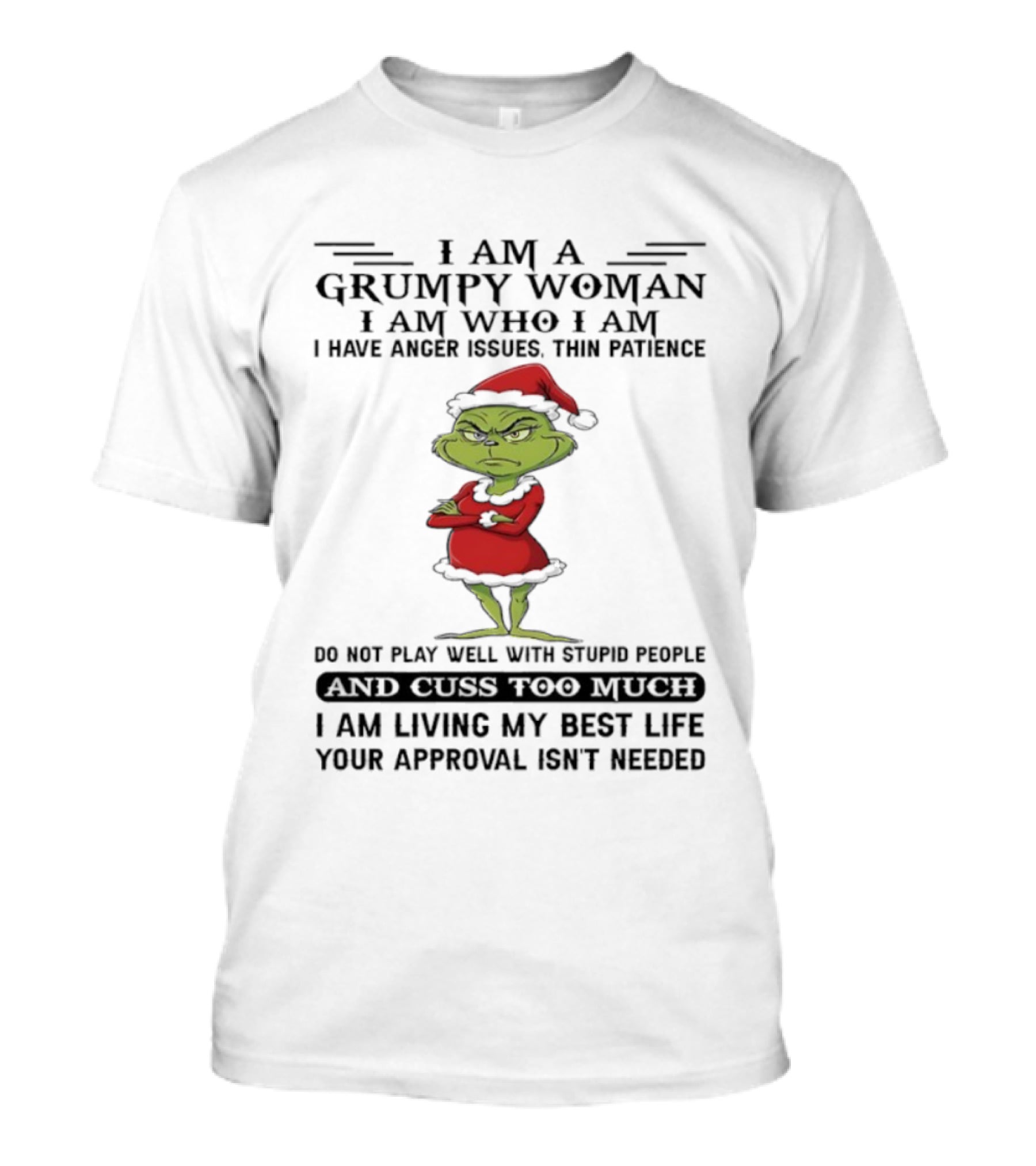 I Am A Grumpy Woman I Am Who I Am Living My Best Life Grinch Santa Suit Anger Issues Thin Patience Approval Isn't Needed T-Shirt