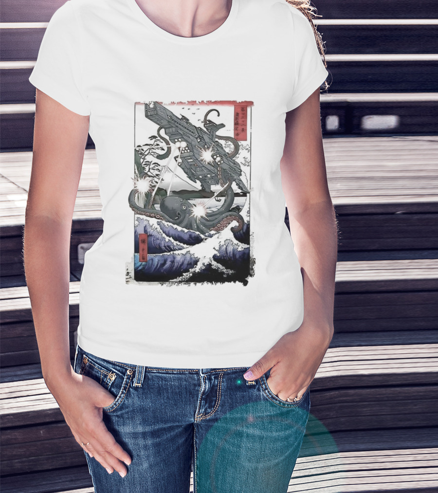 Octopus Vs Spaceship Ukiyo-e Japanese Art Style Clash T-Shirt