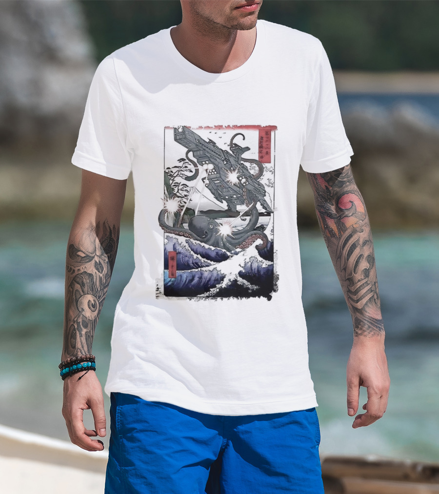 Octopus Vs Spaceship Ukiyo-e Japanese Art Style Clash T-Shirt