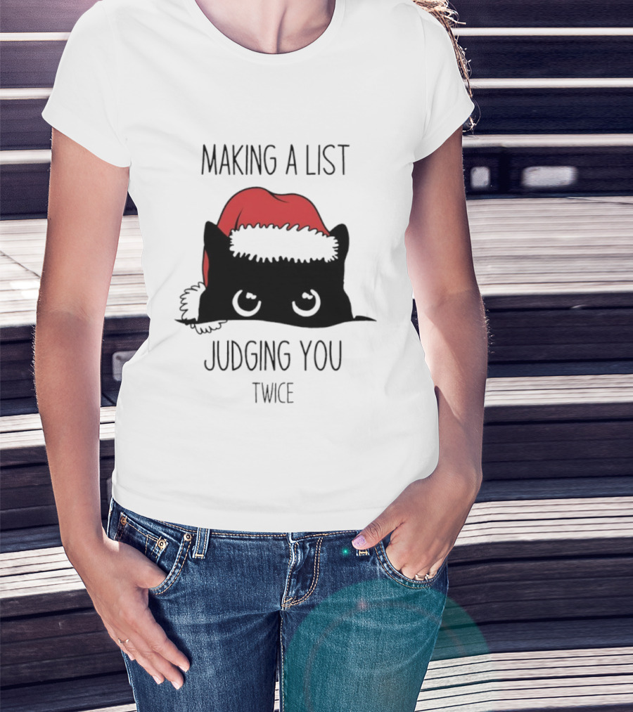 Black Cat Christmas Making A List Judging You Twice Santa Hat T-Shirt