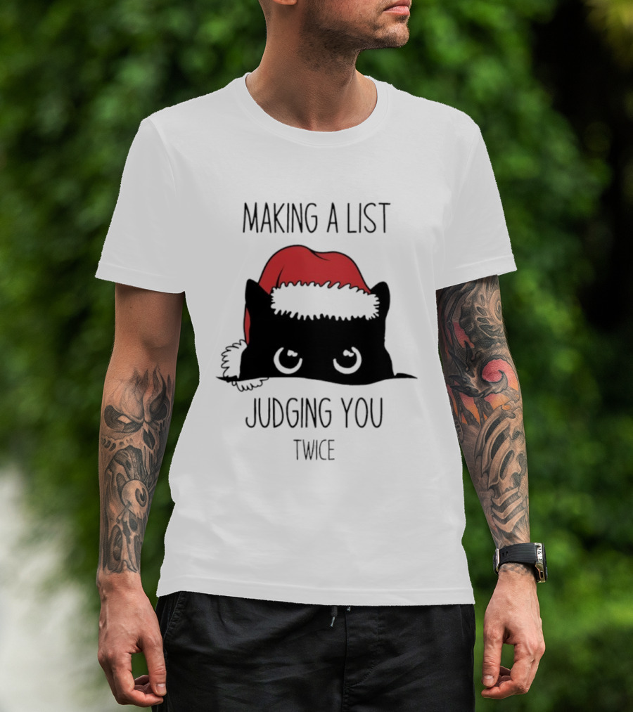 Black Cat Christmas Making A List Judging You Twice Santa Hat T-Shirt