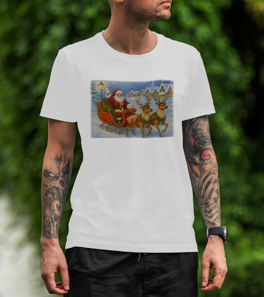 Santa Sleigh Reindeer Snowy Christmas Scene T-Shirt