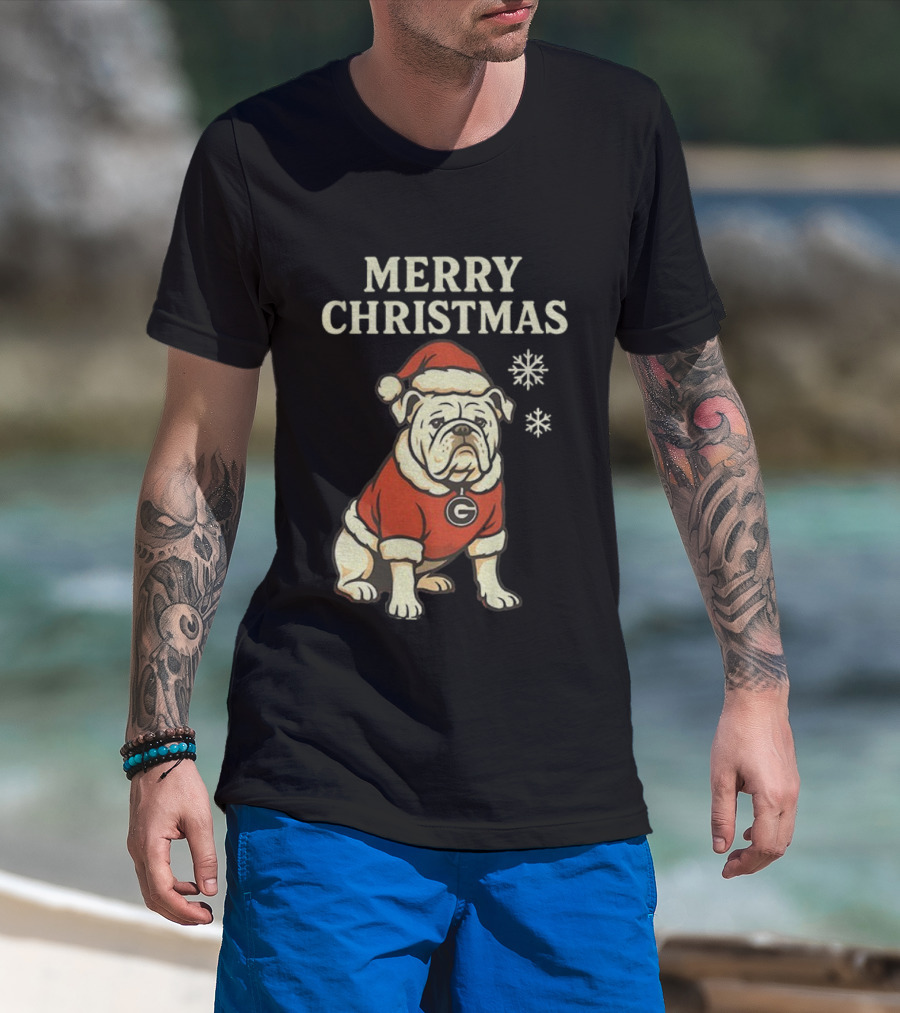 Merry Christmas Georgia Bulldogs Santa Bulldog Snowflakes T-Shirt