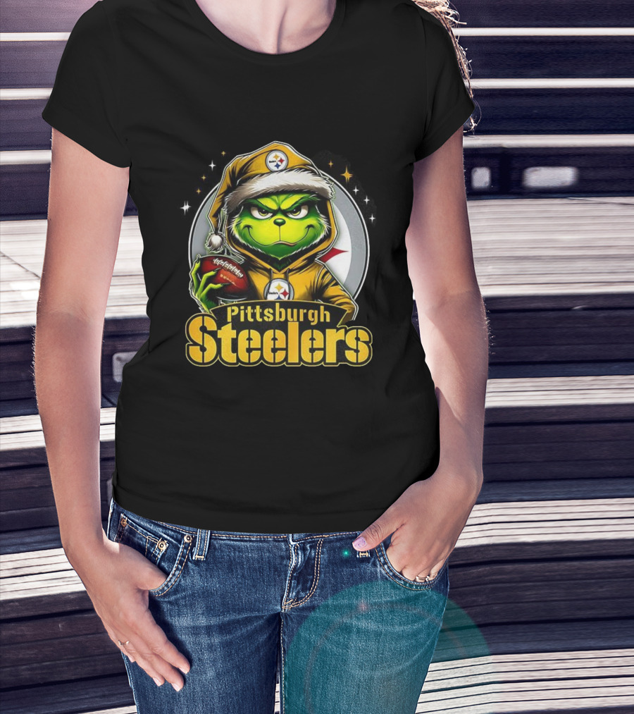 Grinch Wearing Santa Hat Holding Football Pittsburgh Steelers Christmas NFL T-Shirt