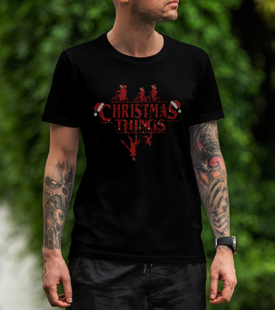 Christmas Things Stranger 80s Horror Show Santa Biking Adventure T-Shirt