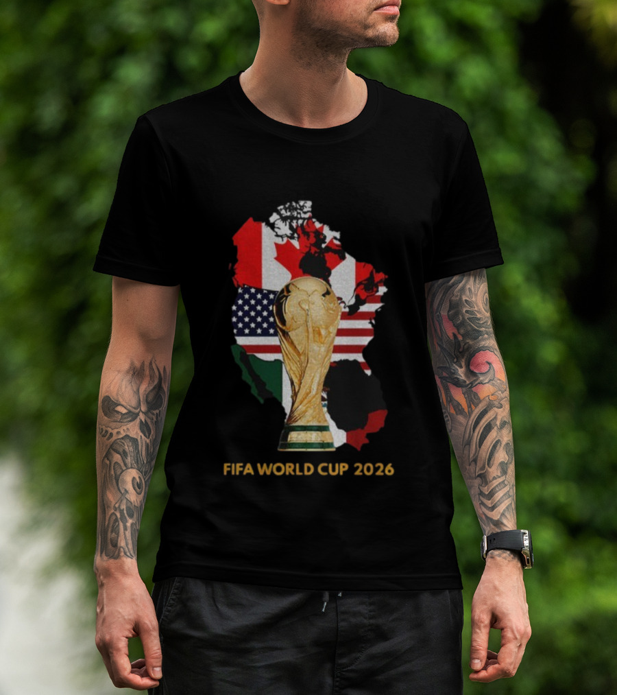 FIFA World Cup 2026 USA Canada Mexico Flags Map Trophy T-Shirt