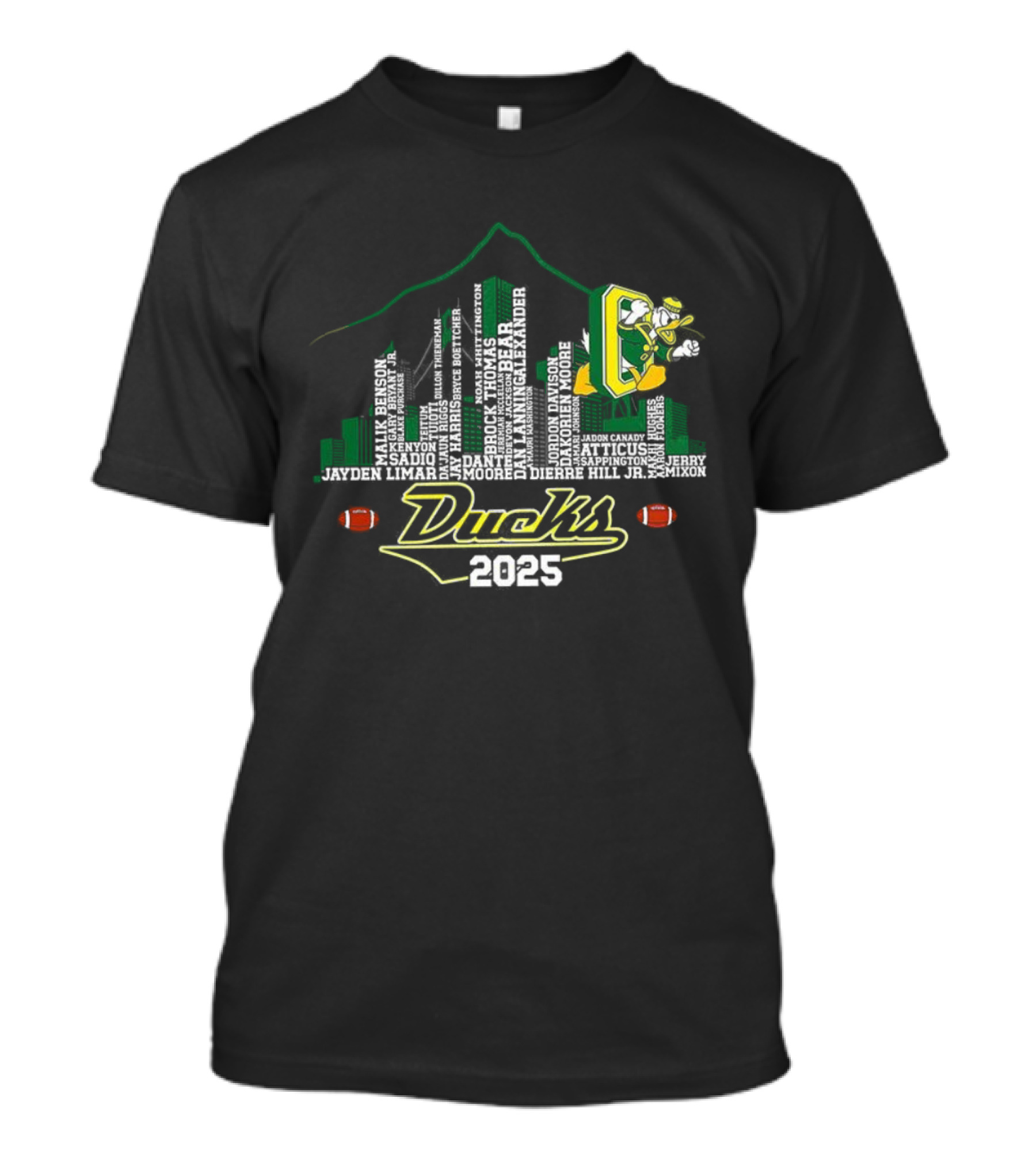 Oregon Ducks 2025 Skyline Football Player Mountain T-Shirt