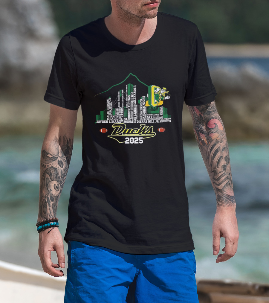 Oregon Ducks 2025 Skyline Football Player Mountain T-Shirt