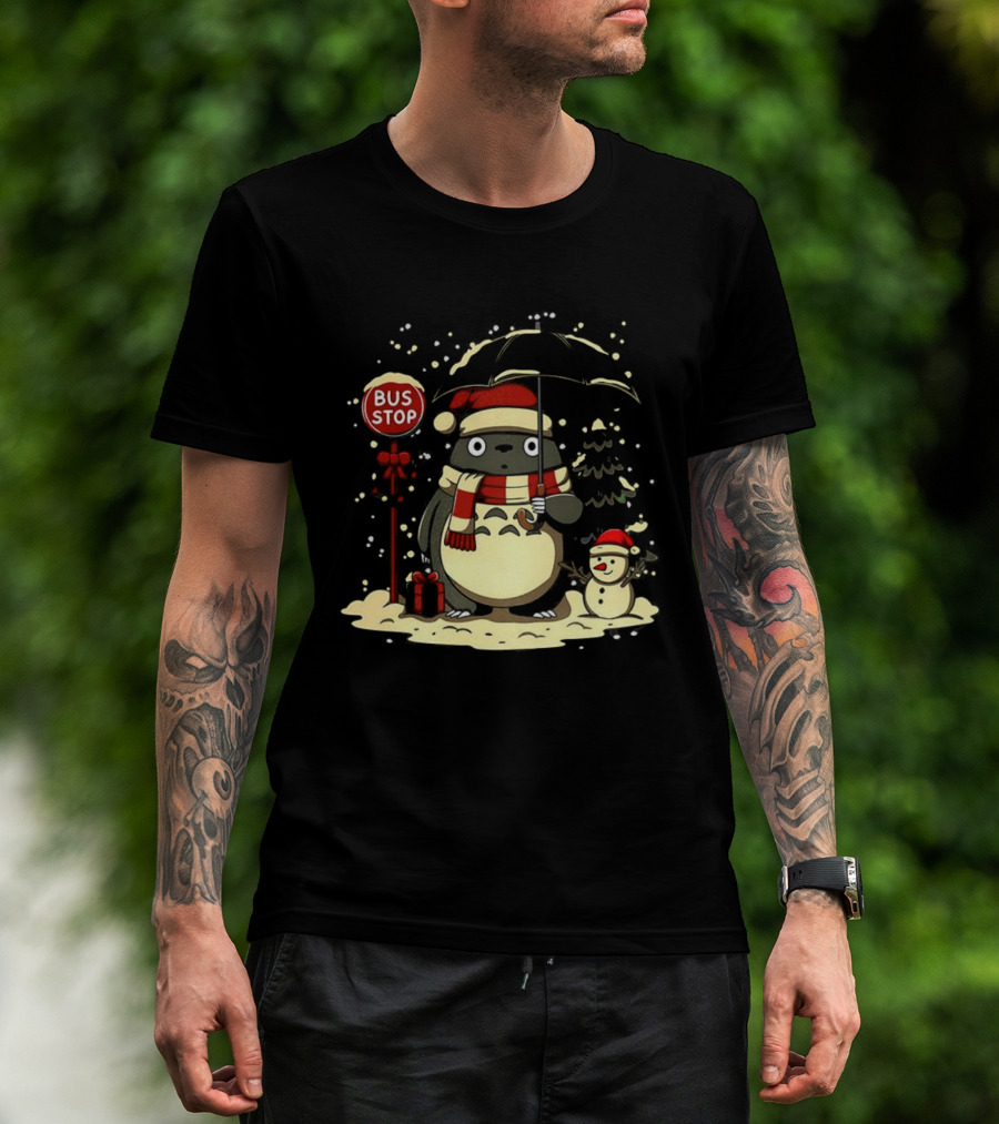 Totoro Snowman Winter Bus Stop Santa Hat T-Shirt