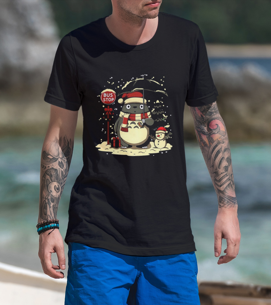 Totoro Snowman Winter Bus Stop Santa Hat T-Shirt