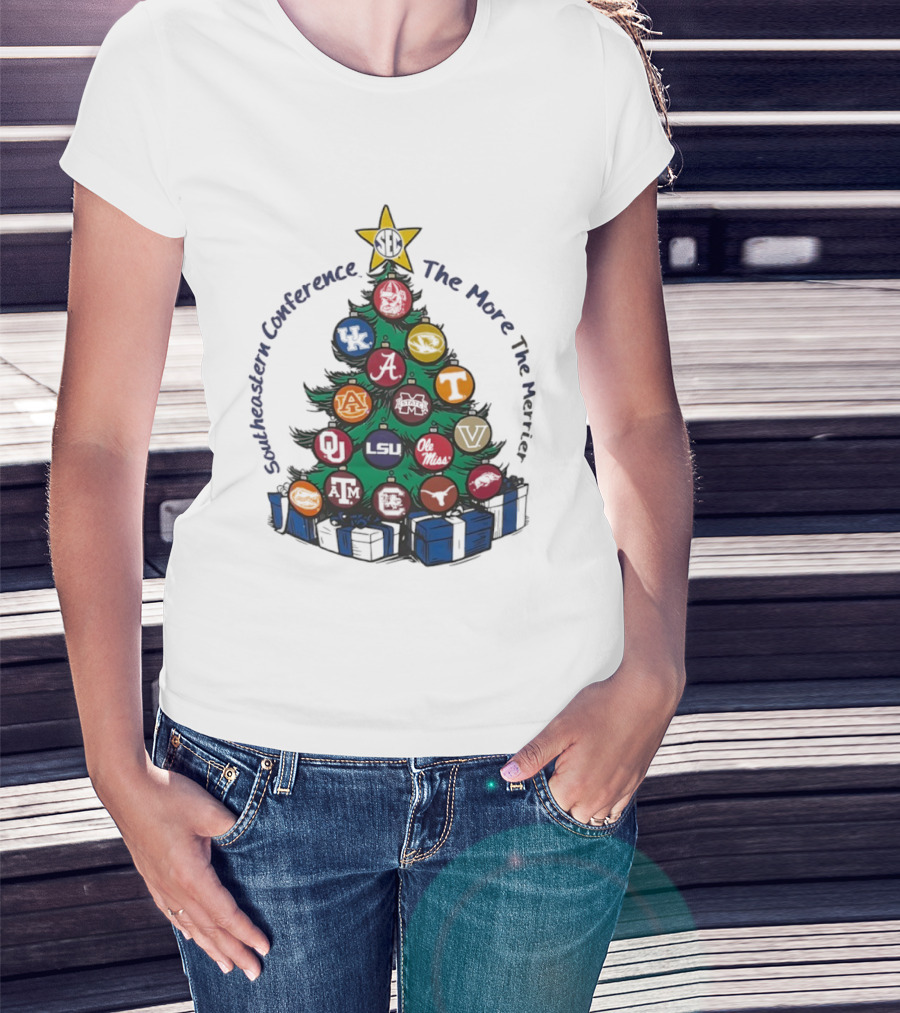 SEC Southeastern Conference The More The Merrier Christmas Tree With Team Ornaments T-Shirt