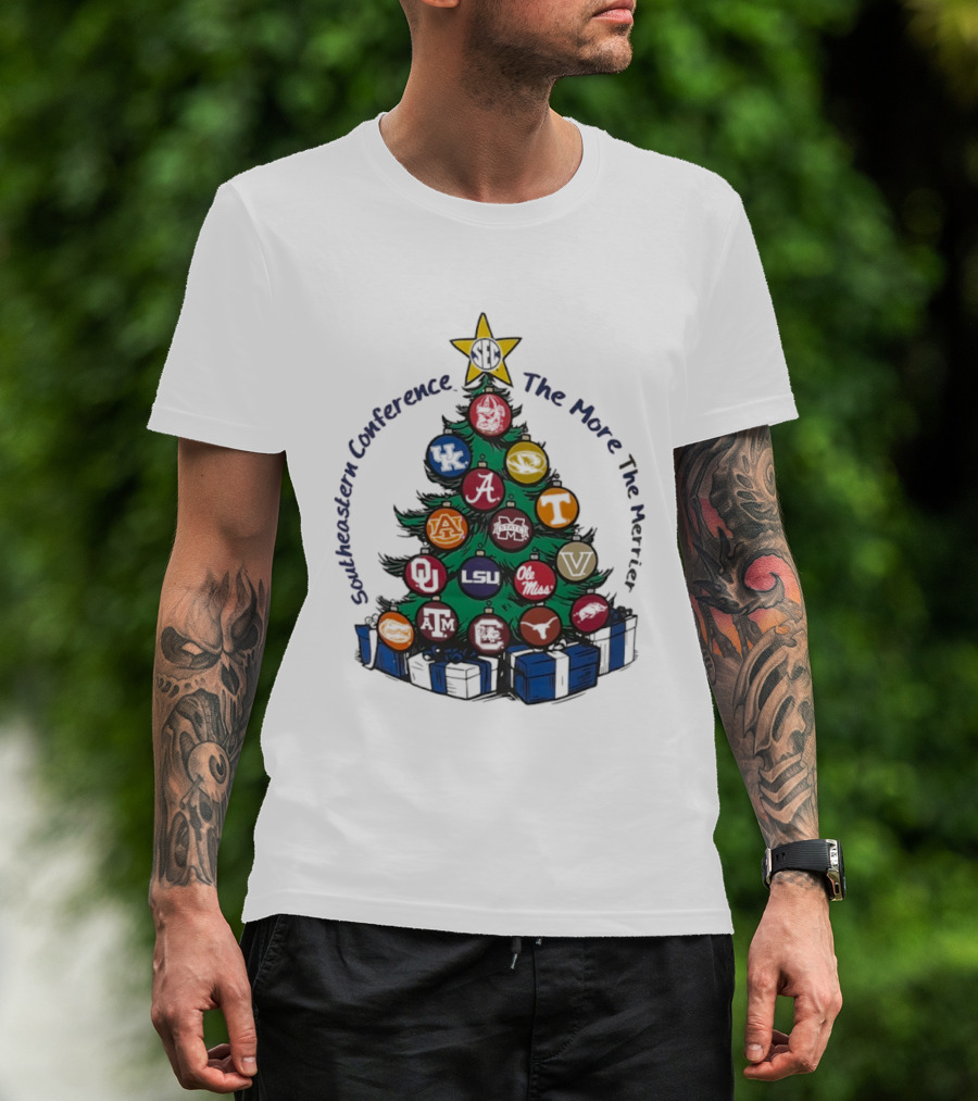 SEC Southeastern Conference The More The Merrier Christmas Tree With Team Ornaments T-Shirt