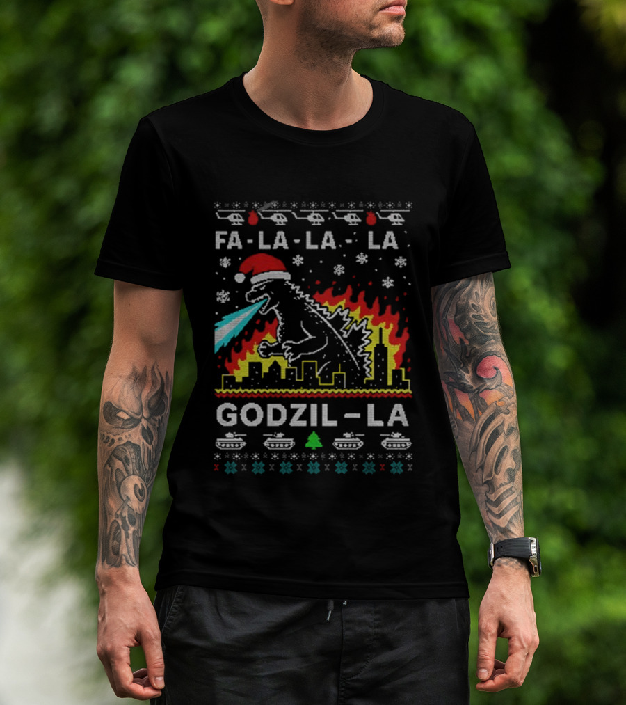Fa La La La Godzil-La Christmas Santa Hat City Helicopters Tanks T-Shirt