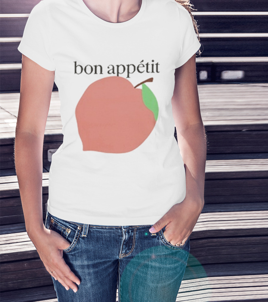 Bon Appétit Peach Illustration With Green Leaf Detail T-Shirt