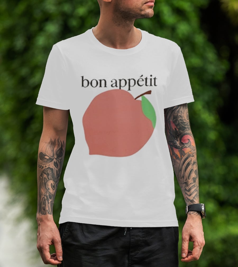 Bon Appétit Peach Illustration With Green Leaf Detail T-Shirt