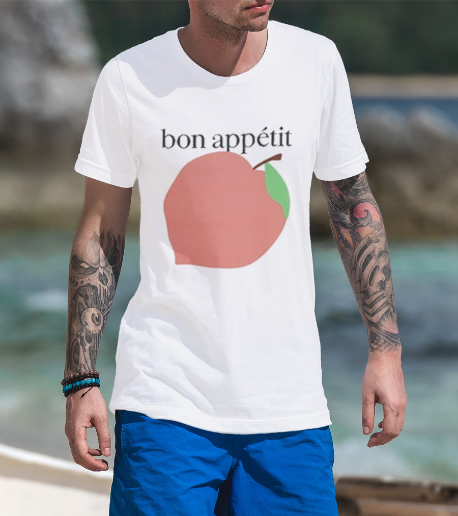 Bon Appétit Peach Illustration With Green Leaf Detail T-Shirt