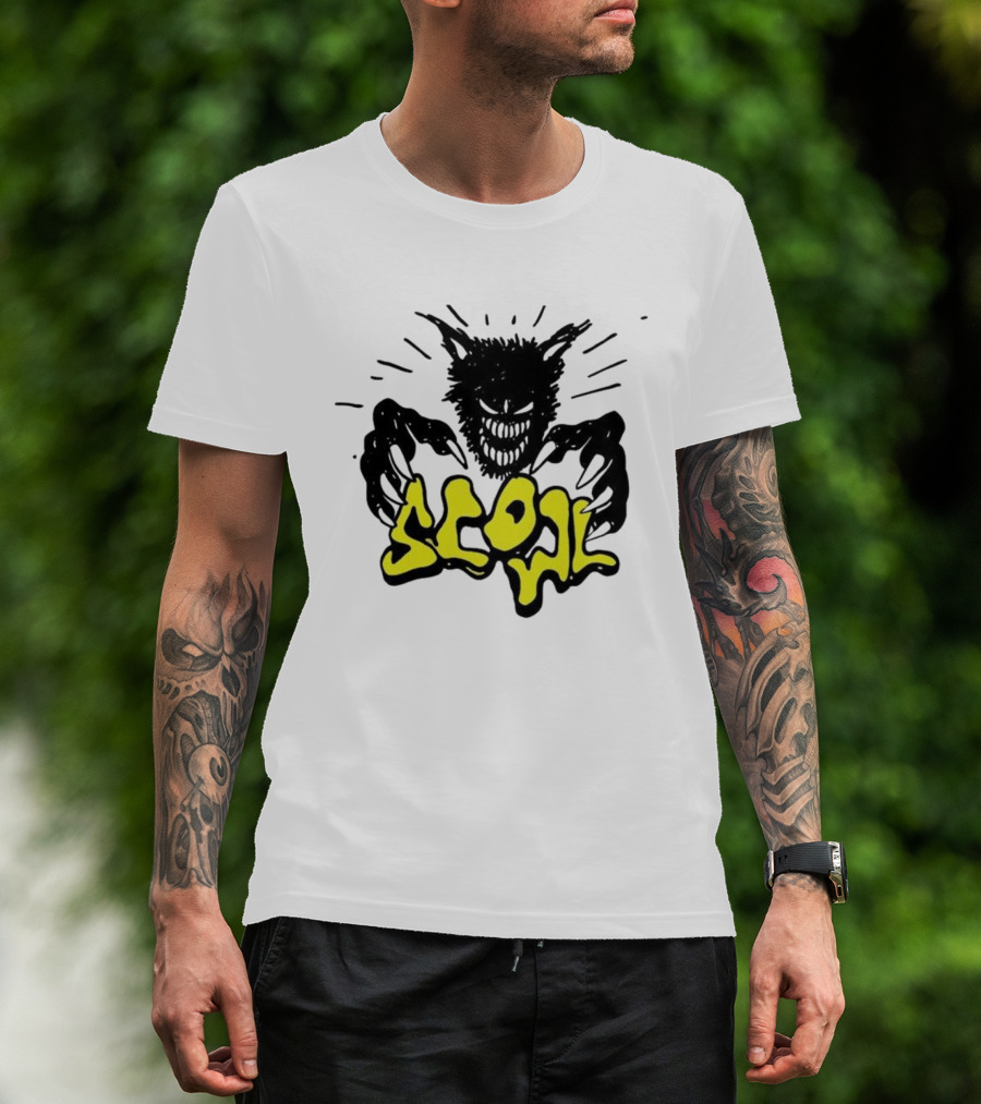 Scowl Scary Cat Yellow Text With Creepy Feline Illustration T-Shirt