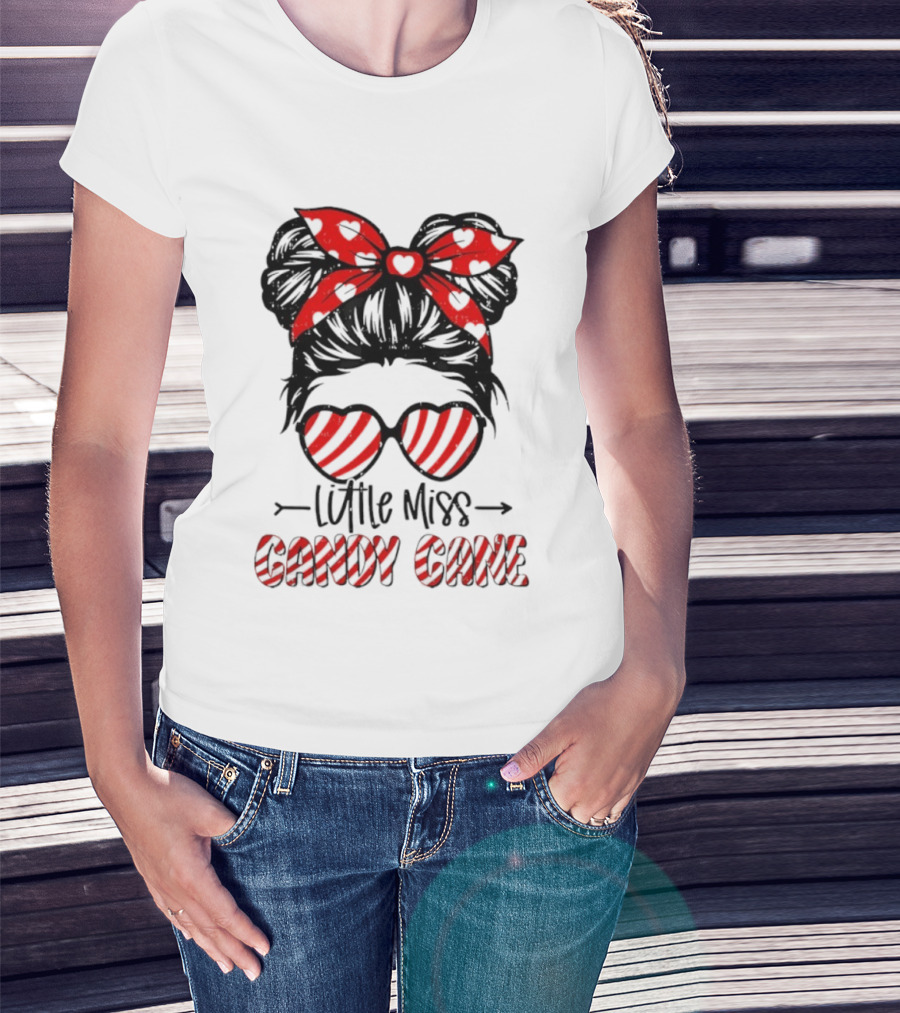 Little Miss Candy Cane Messy Bun Christmas Holiday T-Shirt